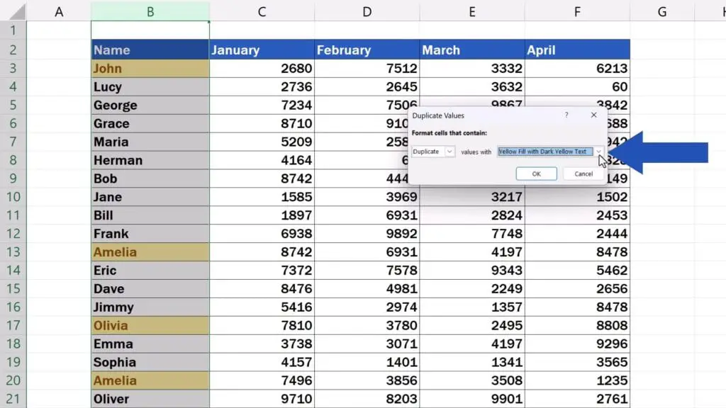 How to Highlight Duplicates in Excel -  highlighted in yellow