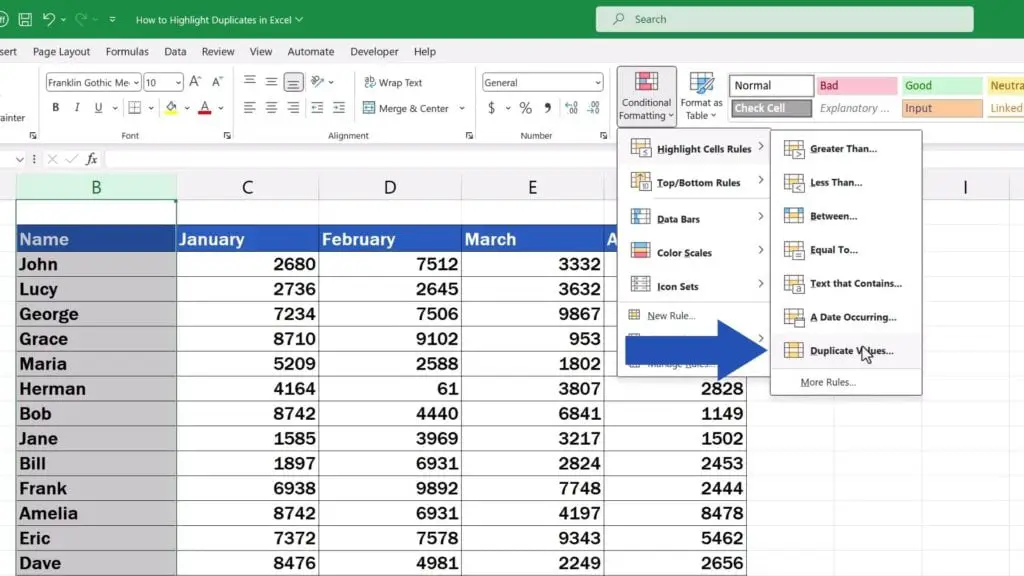 How to Highlight Duplicates in Excel - select ‘Duplicate Values’