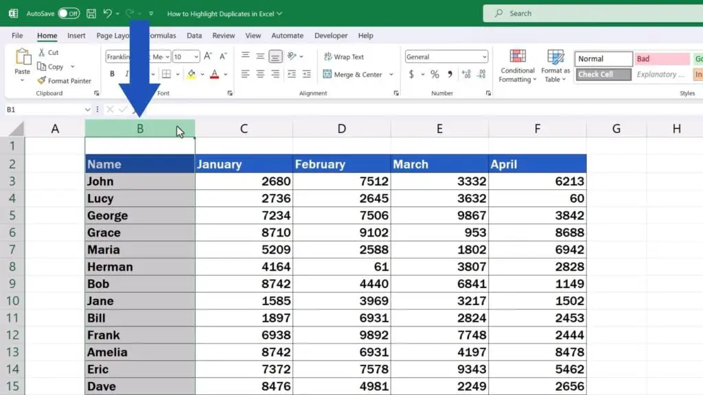 How to Highlight Duplicates in Excel - select the relevant area