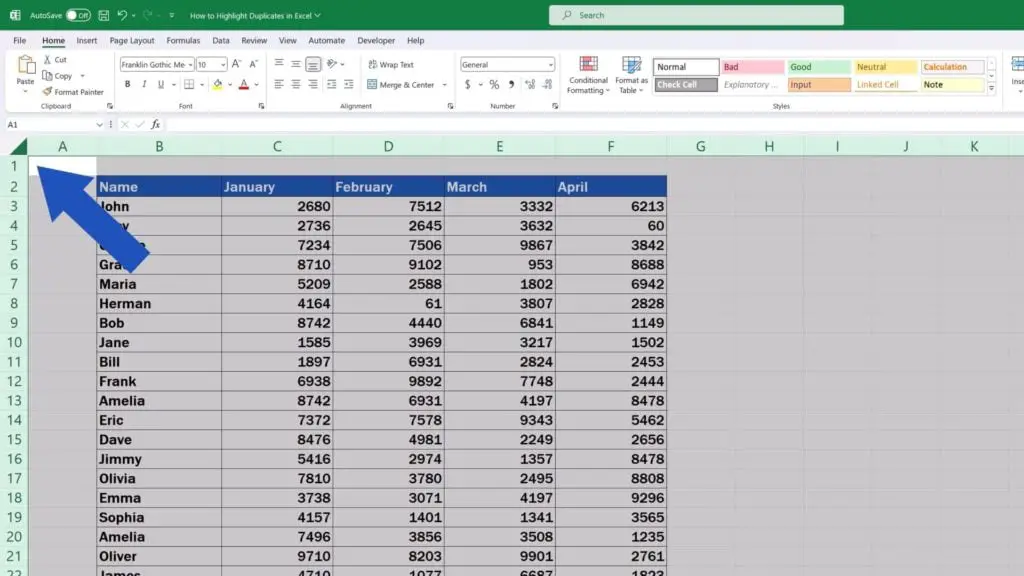 How to Highlight Duplicates in Excel - select the whole table