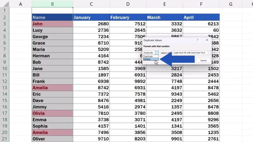 How to Highlight Duplicates in Excel - switch from ‘Duplicate’ to ‘Unique’