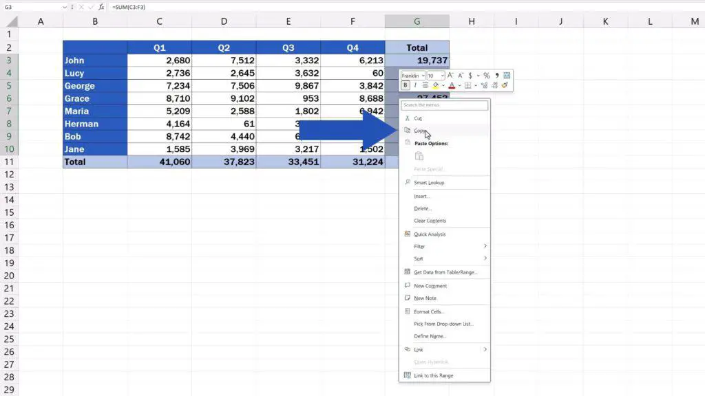 How to Remove a Formula in Excel - select ‘Copy’